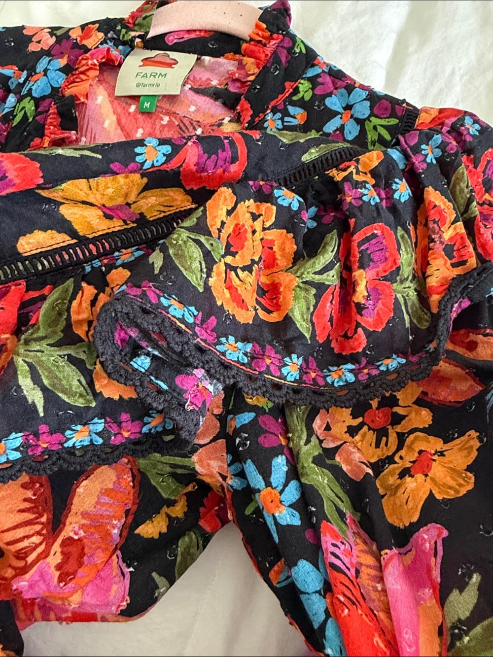 FARM Rio Black Floral Ruffle Blazer with Red, Orange & Pink Blooms - Picture 3 of 4